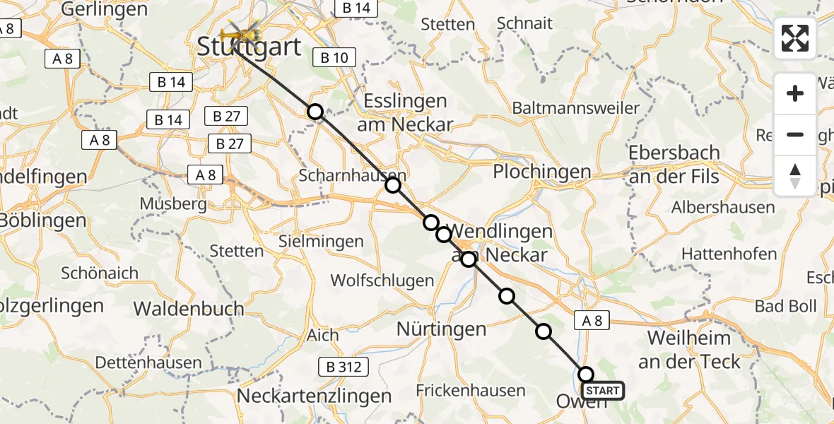 Flugroute Rettungshubschrauber Owen - Stuttgart, 27 April 2026, 21:40