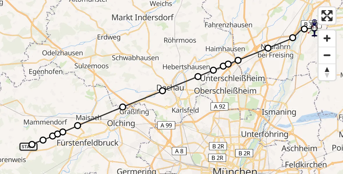 Flugroute Polizeihubschrauber Jesenwang Flugplatz - München Flughafen, 27 April 2026, 22:54