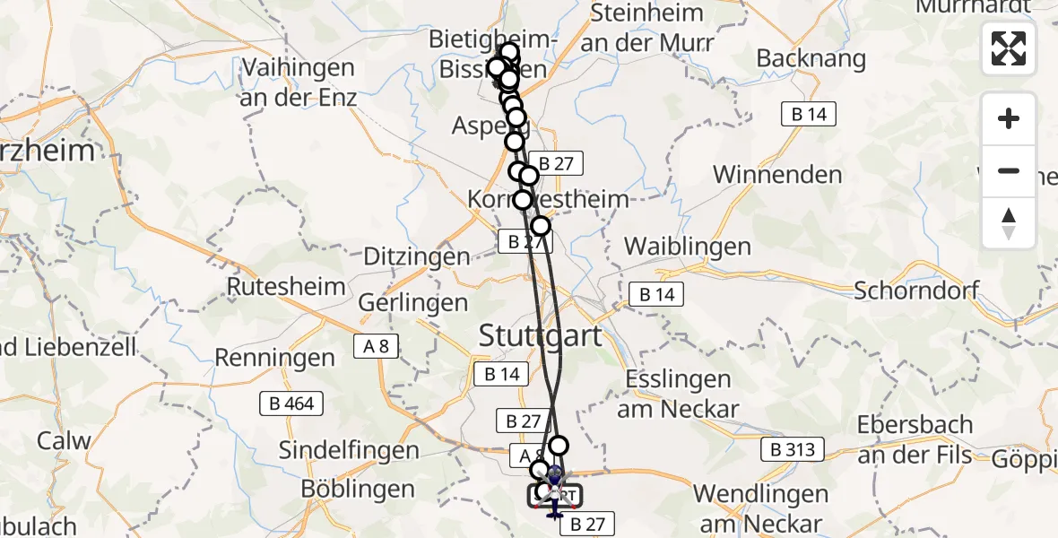 Flugroute Polizeihubschrauber Flughafen Stuttgart - Flughafen Stuttgart, 28 April 2026, 00:07
