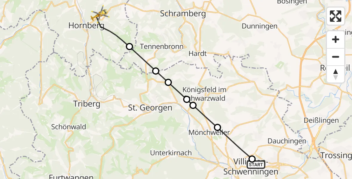 Flugroute Rettungshubschrauber DRF Air Rescue Station Villingen-Schwenningen Hubschrauberlandeplatz (Christoph 11) - Hornberg, 28 April 2026, 00:16