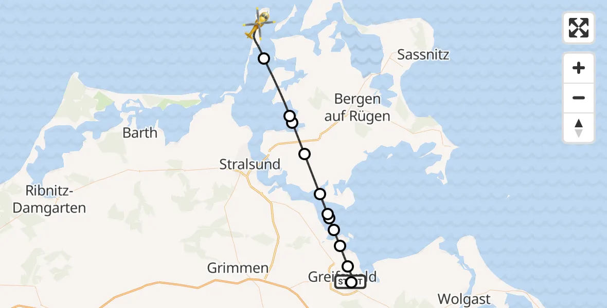 Flugroute Rettungshubschrauber Greifswald Hospital - Insel Hiddensee, 28 April 2026, 00:48