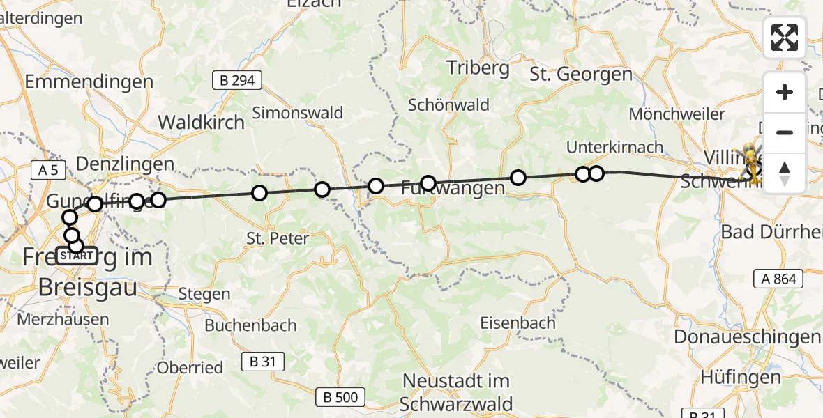 Flugroute Rettungshubschrauber Freiburg University Hospital Heliport 1 - DRF Air Rescue Station Villingen-Schwenningen Hubschrauberlandeplatz (Christoph 11), 28 April 2026, 01:30
