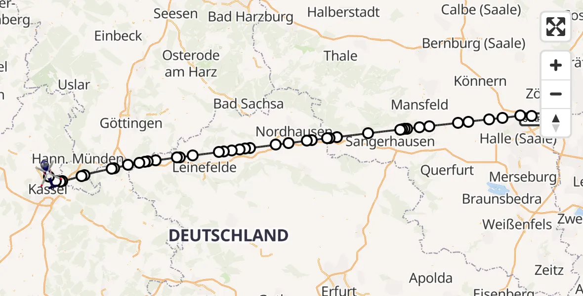 Flugroute Polizeihubschrauber Halle-Oppin Flugplatz - Fuldatal Bundespolizei Hubschrauberlandeplatz, 28 April 2026, 02:05