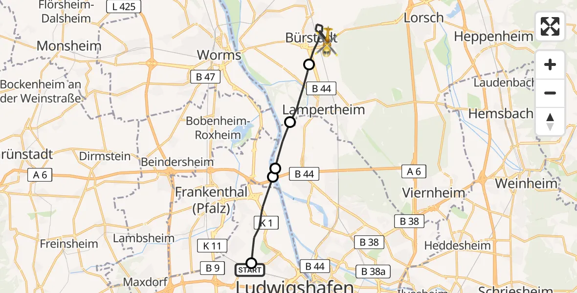 Flugroute Rettungshubschrauber Ludwigshafen Accident Hospital - Bürstadt, 28 April 2026, 05:26