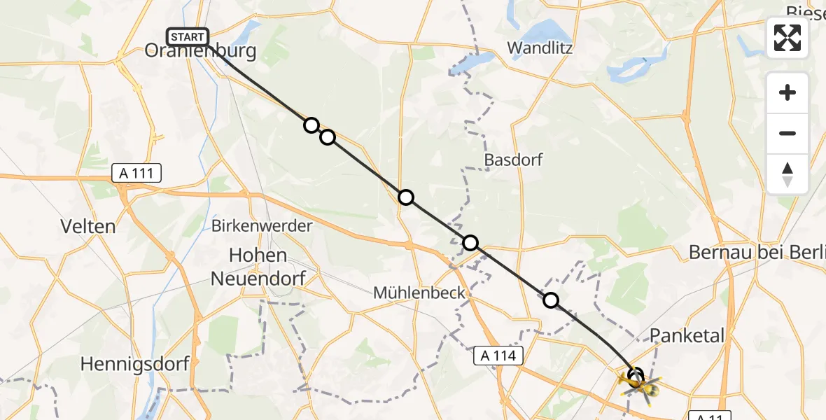 Flugroute Rettungshubschrauber Oranienburg - Helios Clinic Berlin-Buch, 28 April 2026, 05:34