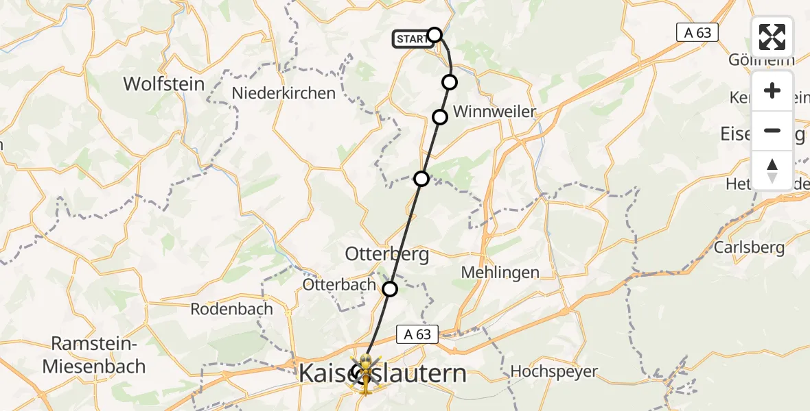 Flugroute Rettungshubschrauber Imsweiler UL - Westpfalz Hospital Kaiserslautern, 28 April 2026, 05:35