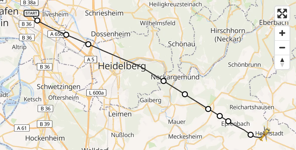 Flugroute Rettungshubschrauber Mannheim-City Flughafen - Helmstadt-Bargen, 28 April 2026, 05:47