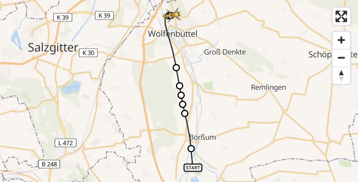 Flugroute Rettungshubschrauber Schladen-Werla - Wolfenbüttel Municipal Hospital Heliport (Christoph 30), 28 April 2026, 05:52