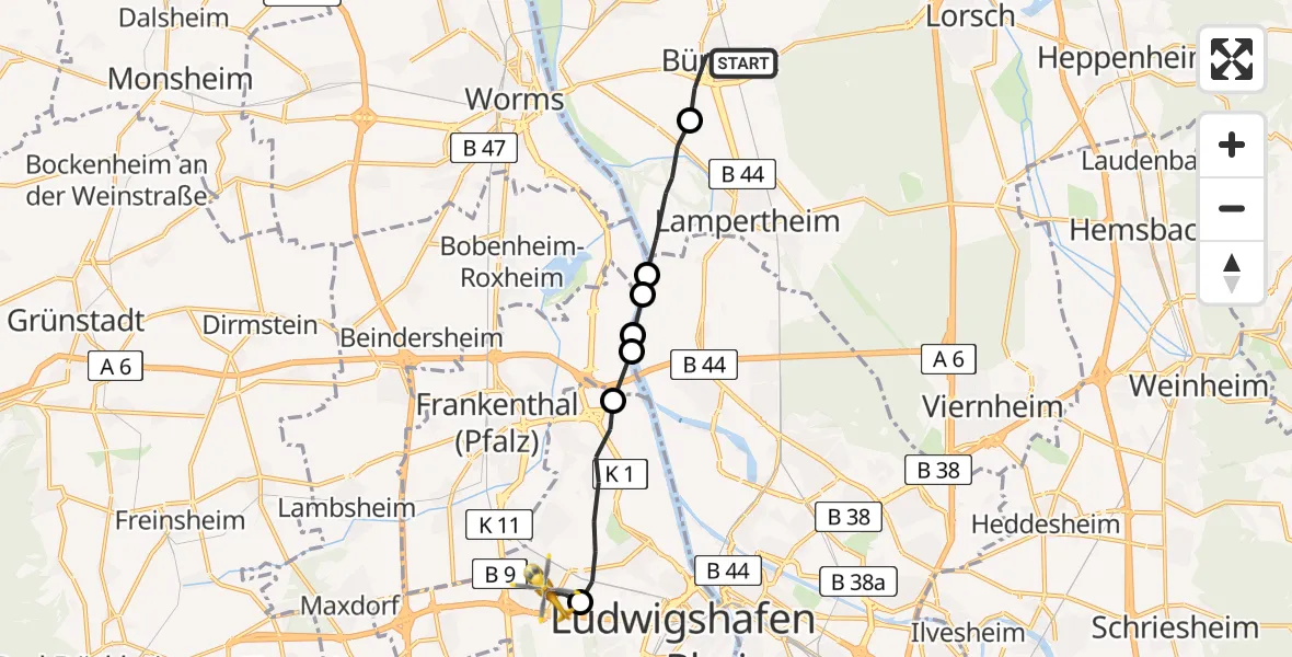 Flugroute Rettungshubschrauber Bürstadt - Ludwigshafen am Rhein, 28 April 2026, 05:58