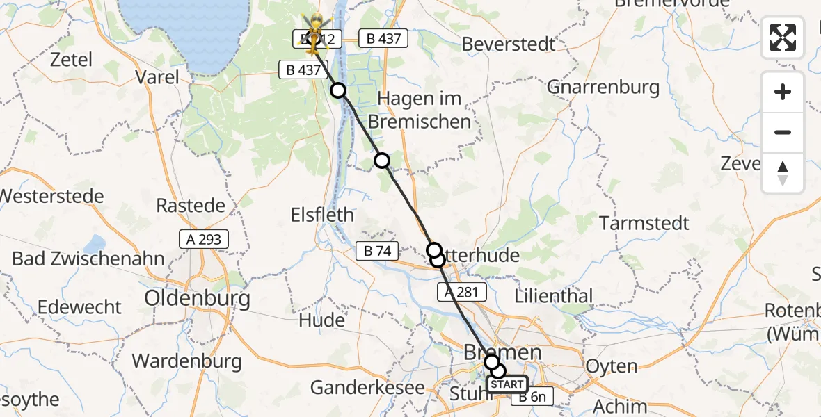 Flugroute Rettungshubschrauber Bremen - Nordenham, 28 April 2026, 06:03