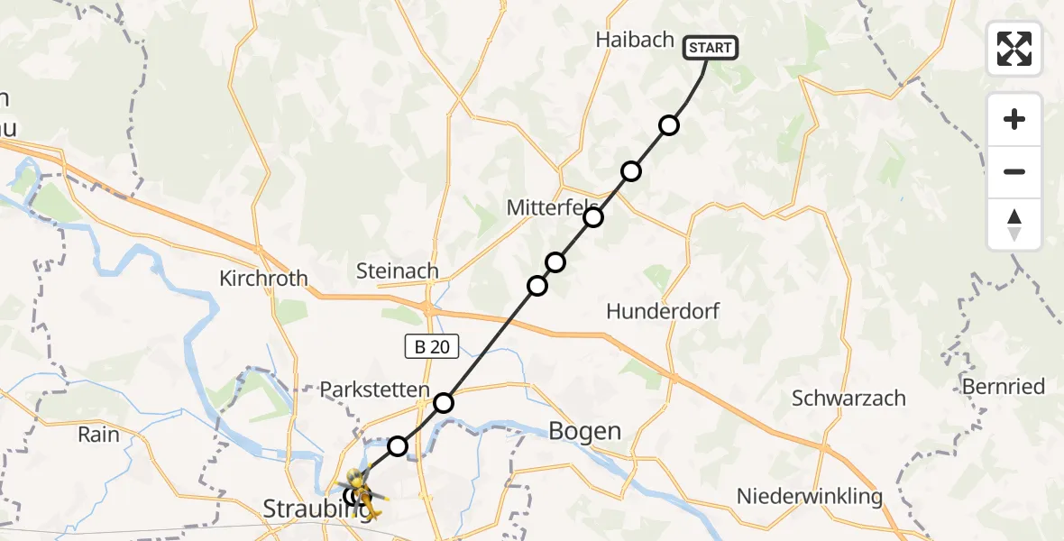 Flugroute Rettungshubschrauber Haibach - Sankt Elisabeth Hospital Straubing, 28 April 2026, 06:08