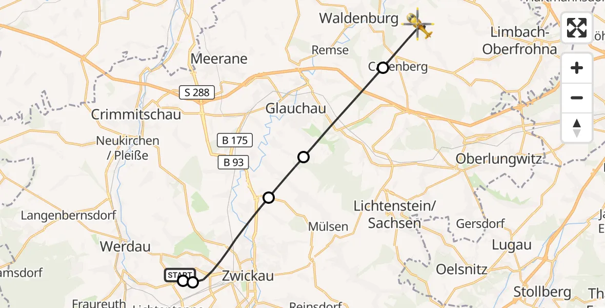 Flugroute Rettungshubschrauber ADAC Air Rescue Station Zwickau Hubschrauberlandeplatz - Callenberg, 28 April 2026, 06:10