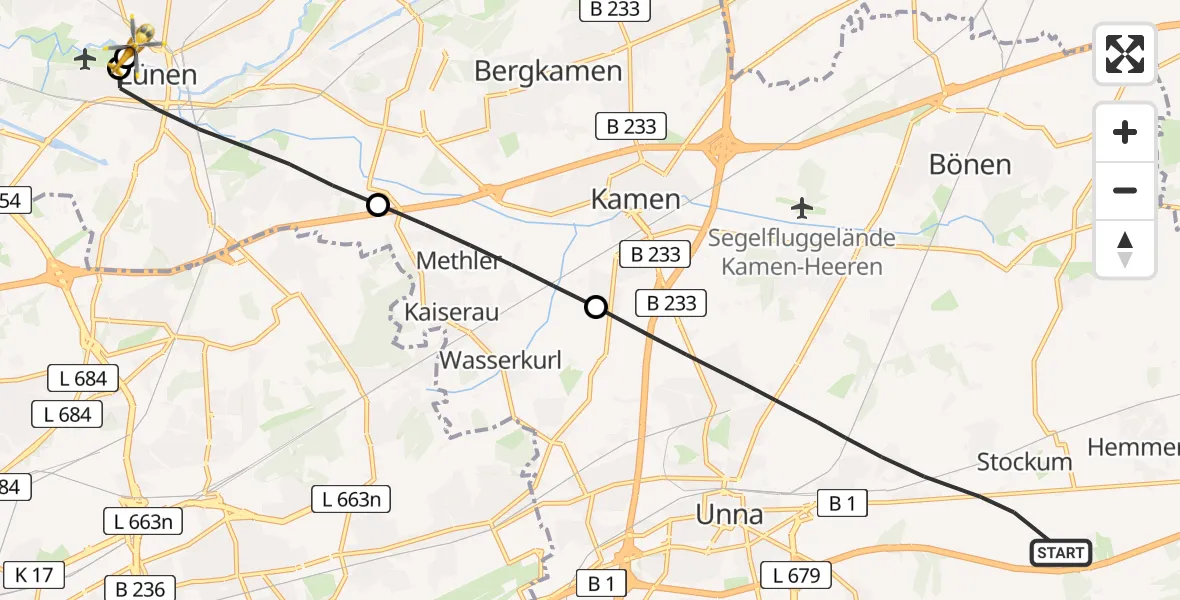 Flugroute Rettungshubschrauber Unna - Sankt Marien Hospital, 28 April 2026, 06:23