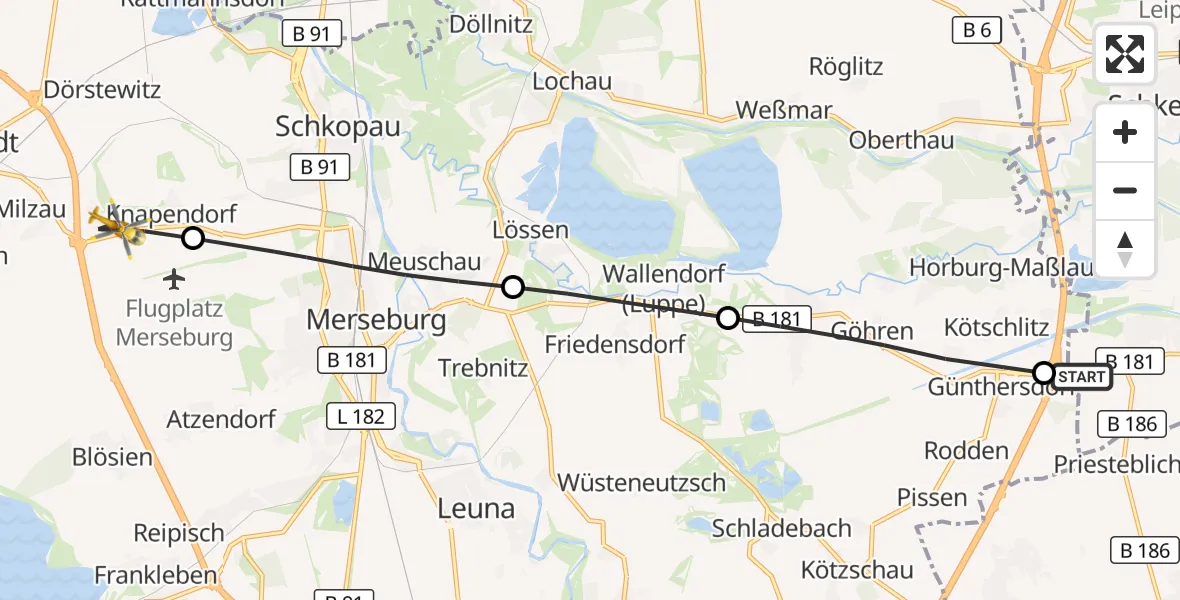 Flugroute Rettungshubschrauber Schkeuditz - Schkopau, 28 April 2026, 06:42