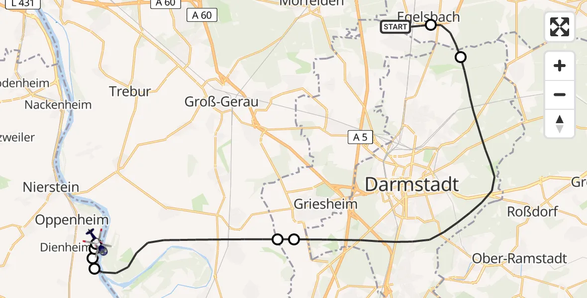 Flugroute Polizeihubschrauber Flughafen Frankfurt-Egelsbach - Oppenheim Flugplatz, 28 April 2026, 06:53