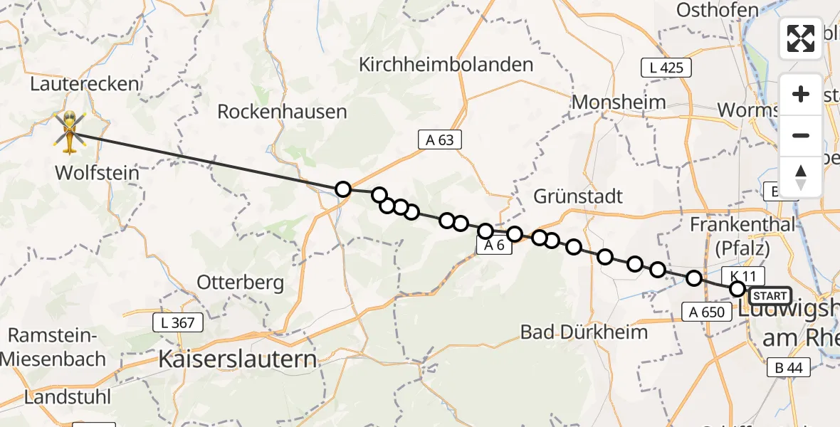 Flugroute Rettungshubschrauber Ludwigshafen am Rhein - Aschbach, 28 April 2026, 06:53