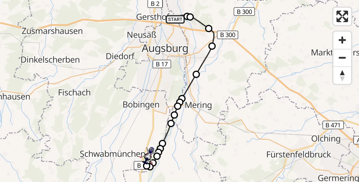 Flugroute Polizeihubschrauber Augsburg Flughafen - Lechfeld Militärflugplatz, 28 April 2026, 06:58