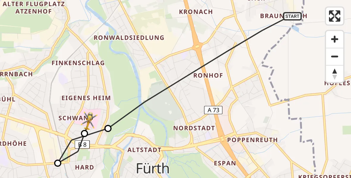 Flugroute Rettungshubschrauber Fürth - Fürth Hospital, 28 April 2026, 06:59