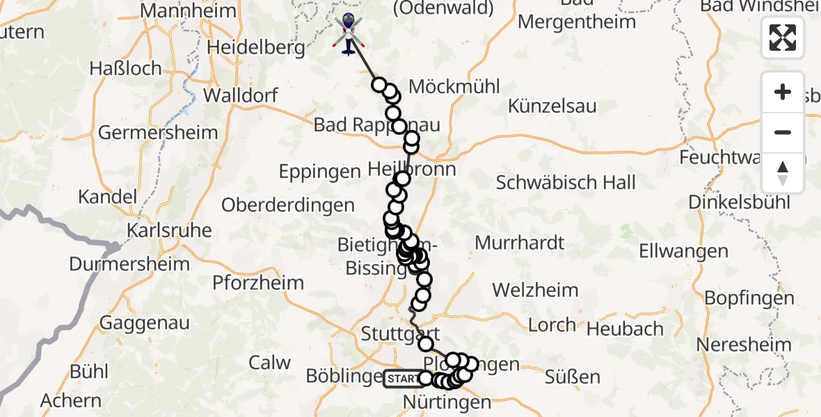 Flugroute Polizeihubschrauber Flughafen Stuttgart - Eberbach, 28 April 2026, 07:00