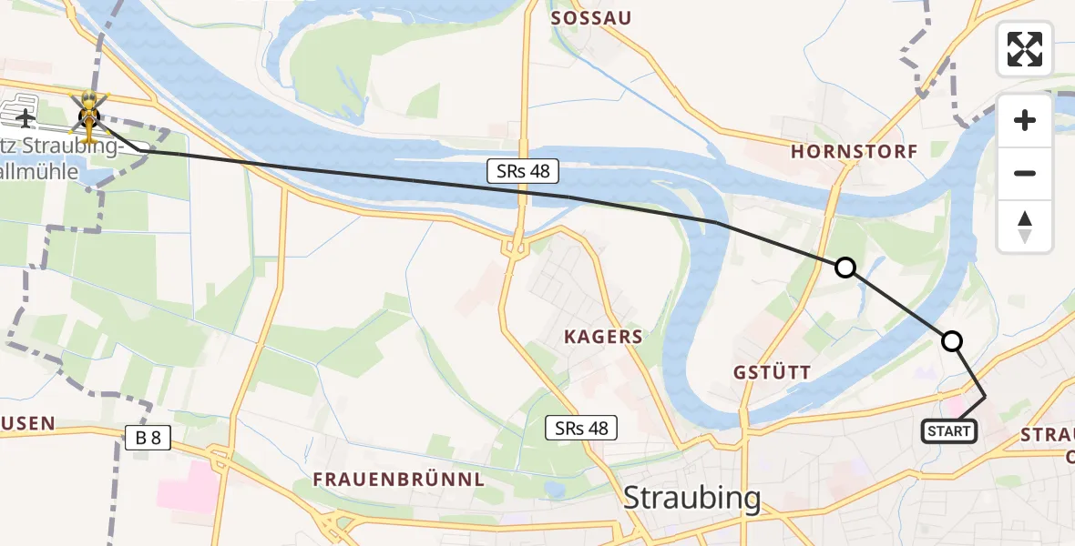 Flugroute Rettungshubschrauber Sankt Elisabeth Hospital Straubing - Straubing Flughafen, 28 April 2026, 07:06
