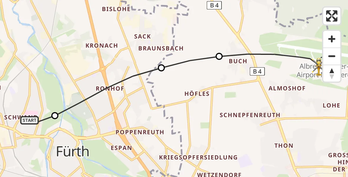 Flugroute Rettungshubschrauber Fürth Hospital - Flughafen Nuremberg, 28 April 2026, 07:06