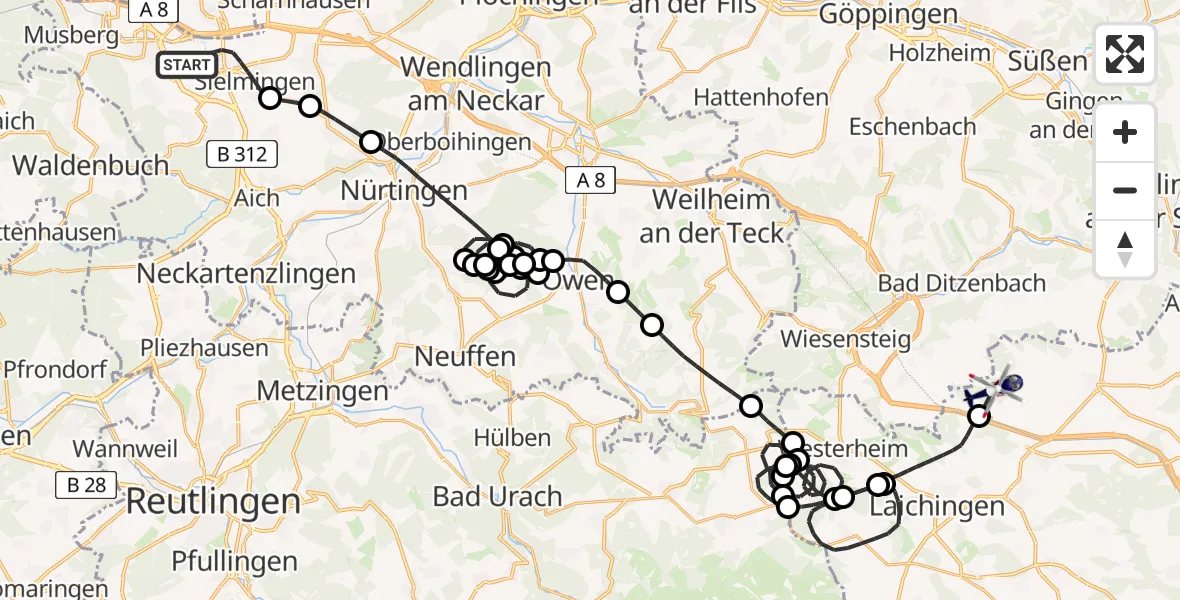 Flugroute Polizeihubschrauber Flughafen Stuttgart - Merklingen, 28 April 2026, 07:08