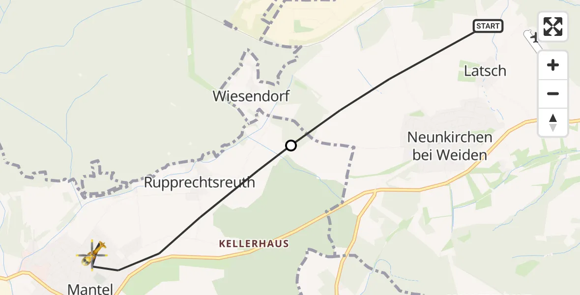 Flugroute Rettungshubschrauber Weiden i.d.OPf. - Mantel, 28 April 2026, 07:10