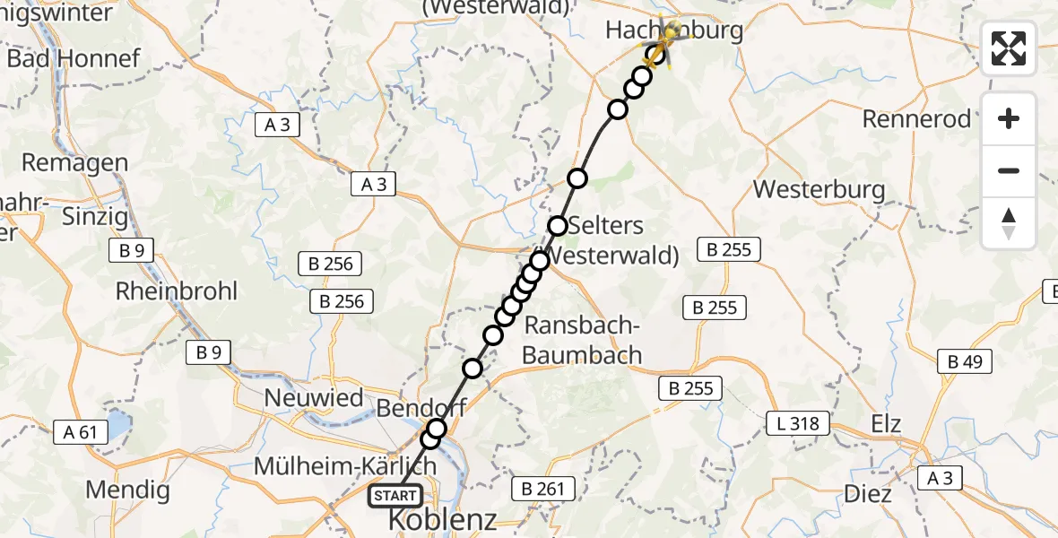 Flugroute Rettungshubschrauber Koblenz - Hachenburg, 28 April 2026, 07:10