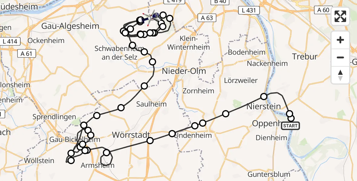 Flugroute Polizeihubschrauber Oppenheim - Mainz-Finthen Flugplatz, 28 April 2026, 07:15