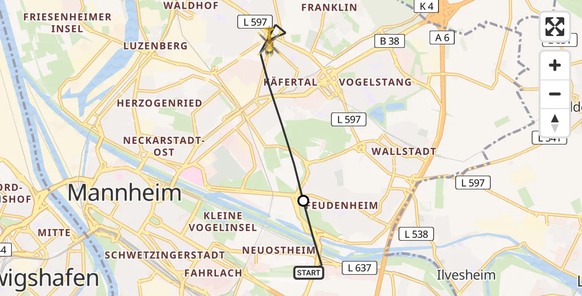 Flugroute Rettungshubschrauber Mannheim-City Flughafen - Mannheim, 28 April 2026, 07:15