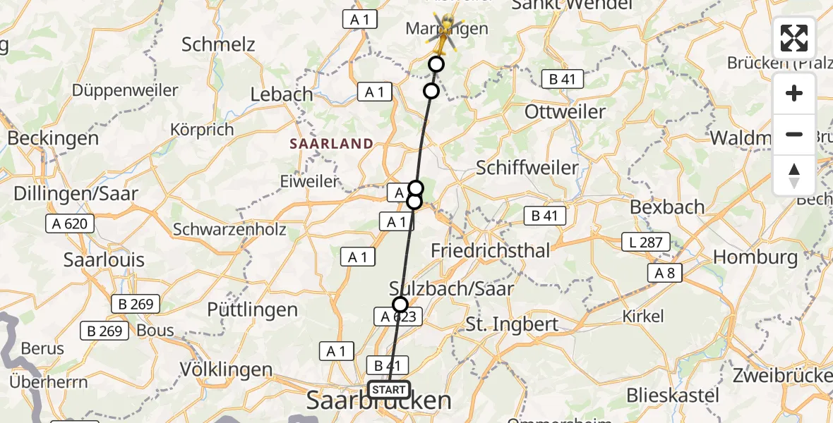 Flugroute Rettungshubschrauber Saarbrücken - Marpingen, 28 April 2026, 07:22