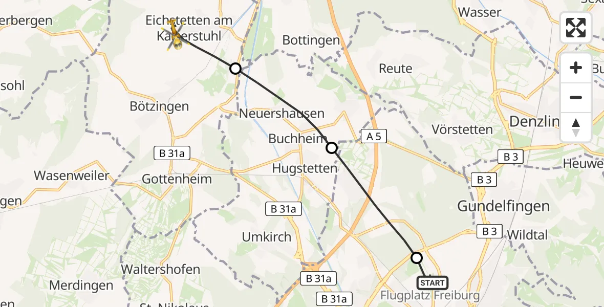 Flugroute Rettungshubschrauber Freiburg im Breisgau Flugplatz - Eichstetten am Kaiserstuhl, 28 April 2026, 07:23