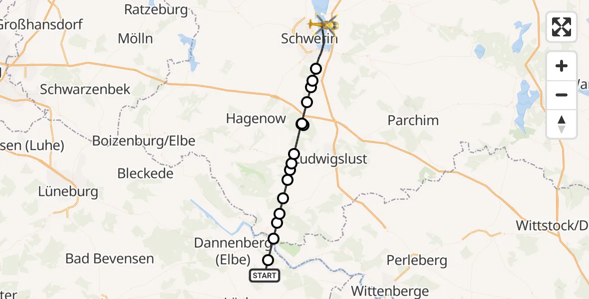 Flugroute Rettungshubschrauber Gusborn - Schwerin, 28 April 2026, 07:30