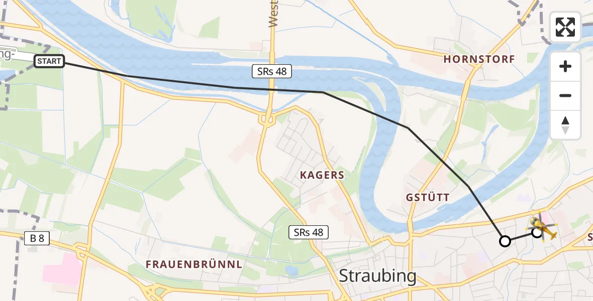 Flugroute Rettungshubschrauber Straubing - Sankt Elisabeth Hospital Straubing, 28 April 2026, 07:37