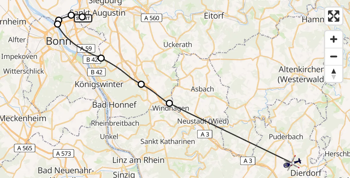 Flugroute Polizeihubschrauber Bonn-Hangelar Flugplatz - Raubach, 28 April 2026, 07:39