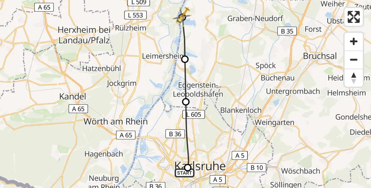 Flugroute Rettungshubschrauber Sankt Vincentius Hospital - Dettenheim, 28 April 2026, 07:43