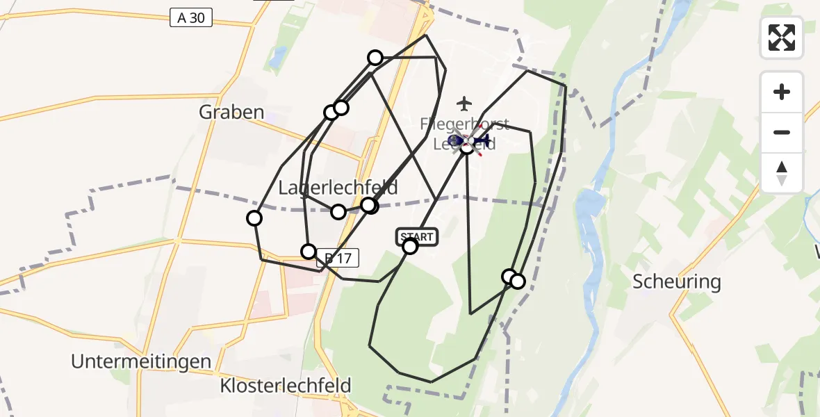 Flugroute Polizeihubschrauber Lechfeld Militärflugplatz - Lechfeld Militärflugplatz, 28 April 2026, 07:45
