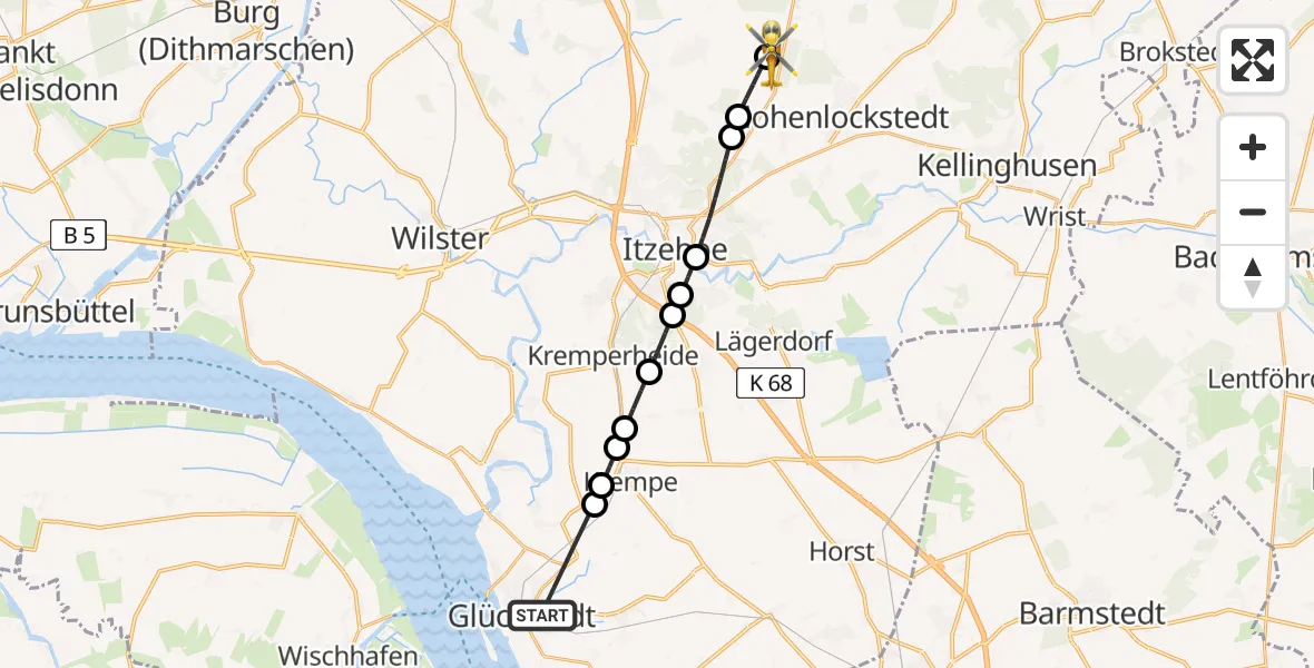 Flugroute Rettungshubschrauber Glückstadt - Itzehoe Hungriger Wolf Flugplatz, 28 April 2026, 07:50