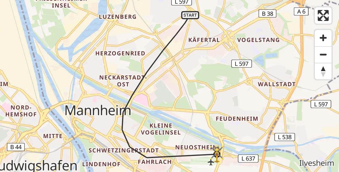 Flugroute Rettungshubschrauber Mannheim - Mannheim-City Flughafen, 28 April 2026, 08:01