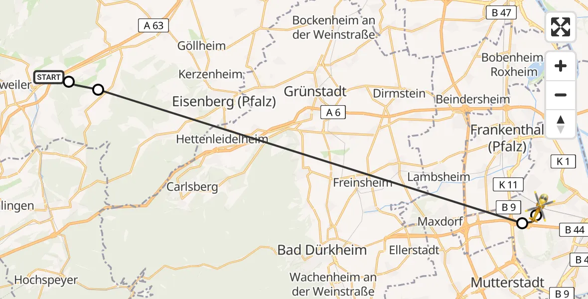 Flugroute Rettungshubschrauber Winnweiler - Ludwigshafen Accident Hospital Hubschrauberlandeplatz, 28 April 2026, 08:02