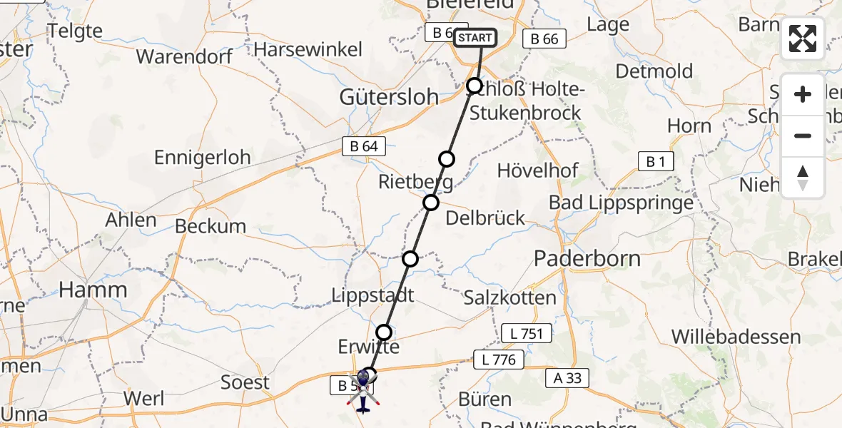 Flugroute Polizeihubschrauber Bielefeld - Anröchte, 28 April 2026, 08:11