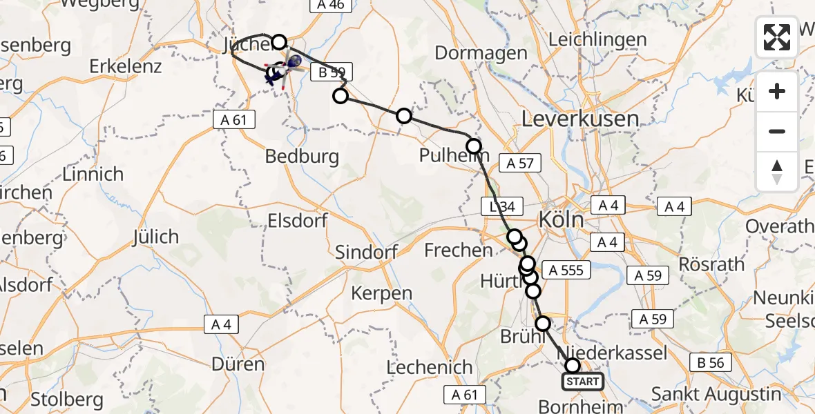 Flugroute Polizeihubschrauber Bornheim - Gustorfer Höhe Flugplatz, 28 April 2026, 08:11