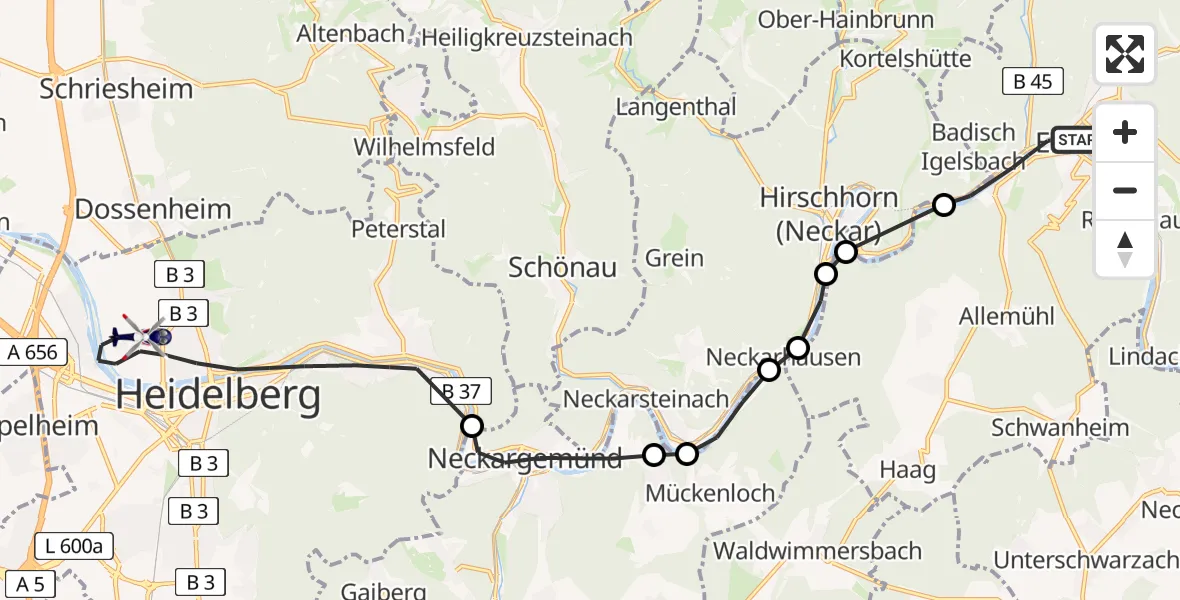 Flugroute Polizeihubschrauber Eberbach - Heidelberg, 28 April 2026, 08:12