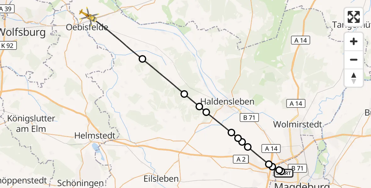 Flugroute Rettungshubschrauber Magdeburg Hospital - Oebisfelde-Weferlingen, 28 April 2026, 08:19