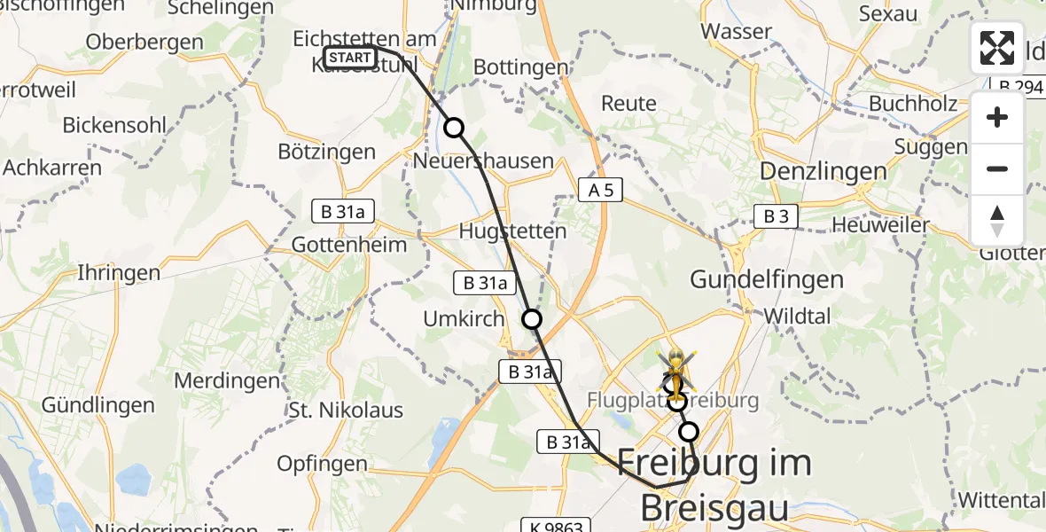 Flugroute Rettungshubschrauber Eichstetten am Kaiserstuhl - Freiburg im Breisgau Flugplatz, 28 April 2026, 08:19