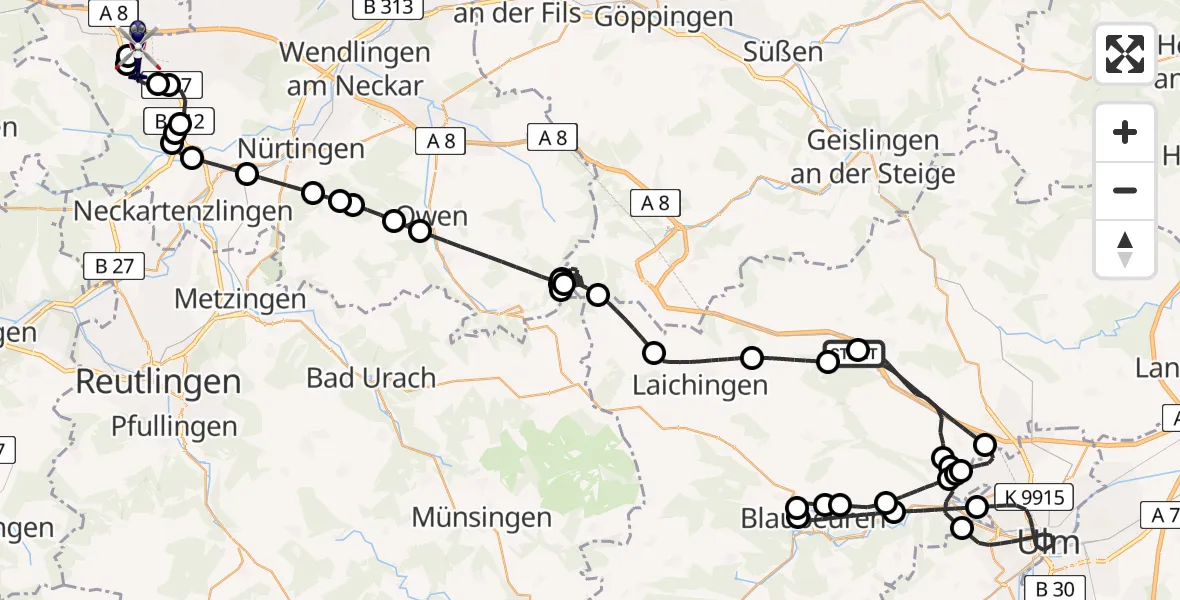 Flugroute Polizeihubschrauber Nellingen - Flughafen Stuttgart, 28 April 2026, 08:30