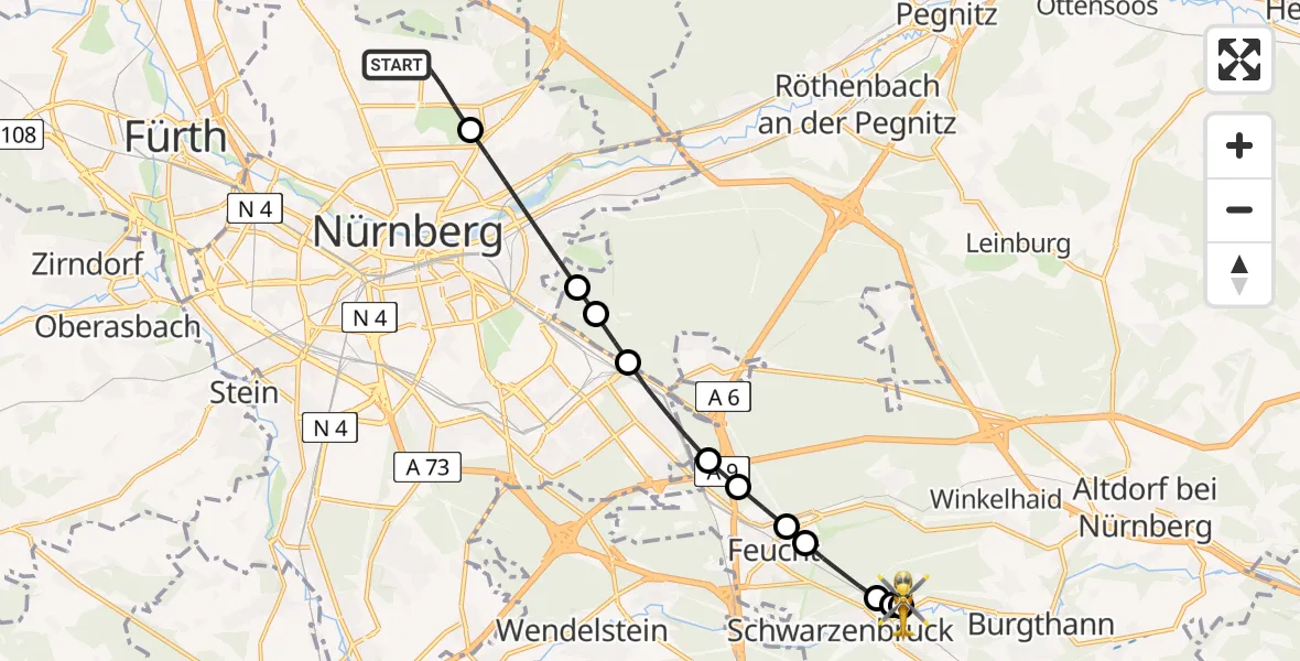 Flugroute Ambulanzhubschrauber Flughafen Nuremberg - Rummelsberg Hospital, 28 April 2026, 08:35