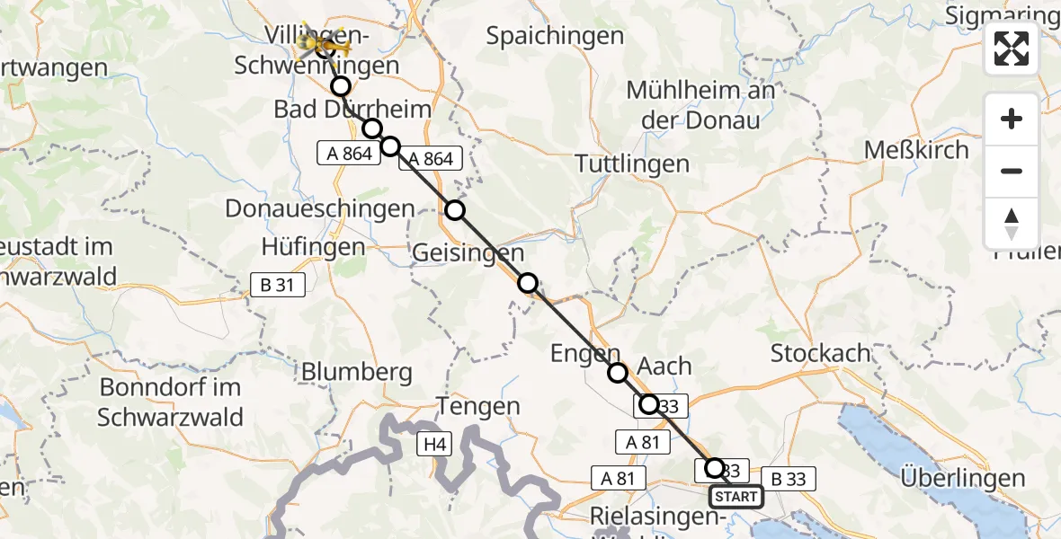 Flugroute Rettungshubschrauber Radolfzell am Bodensee - DRF Air Rescue Station Villingen-Schwenningen Hubschrauberlandeplatz (Christoph 11), 28 April 2026, 08:37