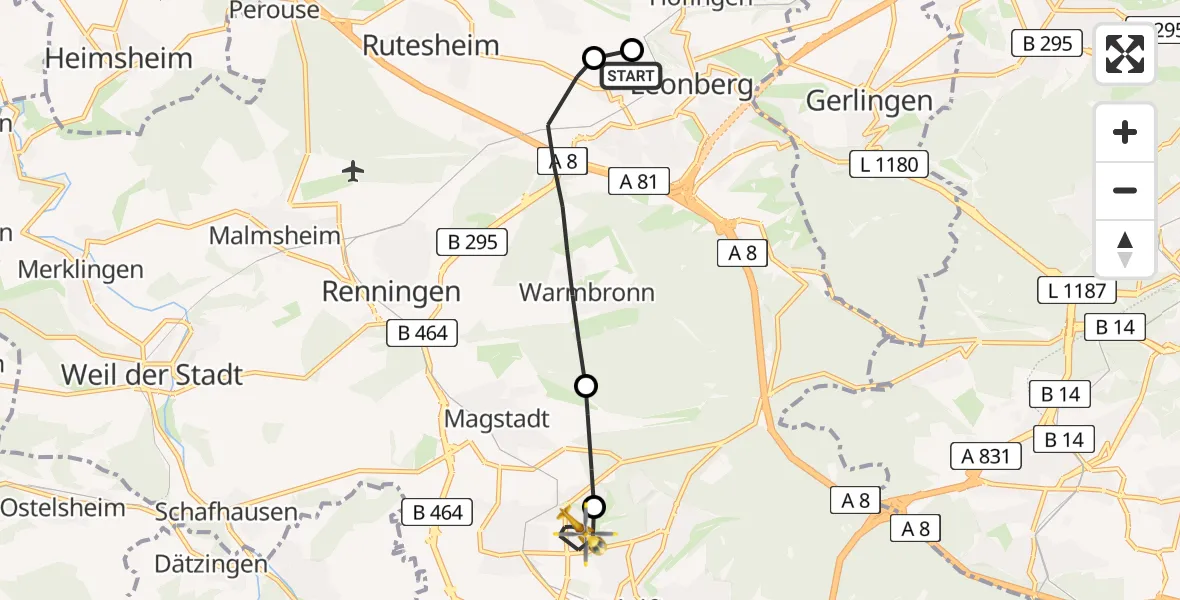 Flugroute Rettungshubschrauber Leonberg Hospital - Sindelfingen, 28 April 2026, 08:38