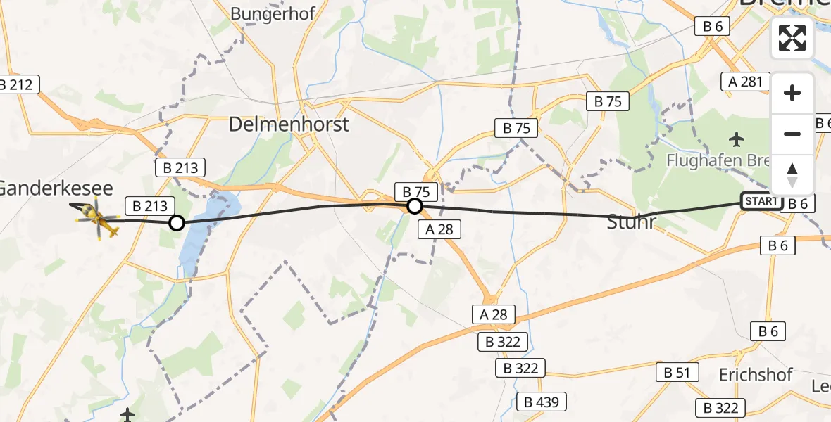 Flugroute Rettungshubschrauber Stuhr - Ganderkesee, 28 April 2026, 08:39